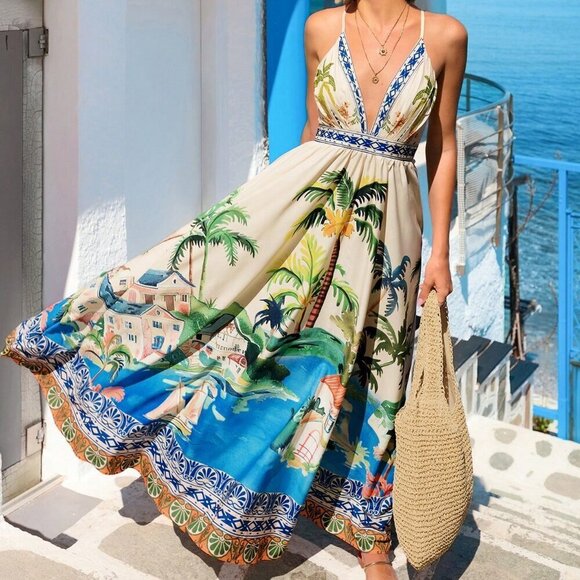 Multicolor Boho Women's Tropical  Print Spaghetti Strap Backless Maxi Dress - Picture 2 of 10
